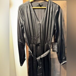 Black Satin Long Sleeve Wrap pantsuit